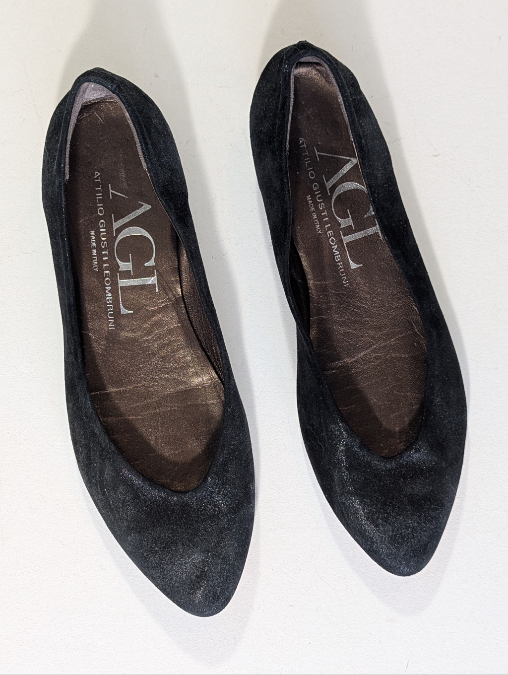 Agl Attillio Giusti Leombruni Metallic Shine Black Nubuck Flats Size 39.5